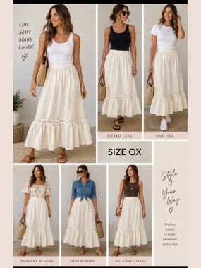 LC Lauren Conrad Cream Tiered Prairie Maxi Skirt Ric-Rac Trim 0X NWOT